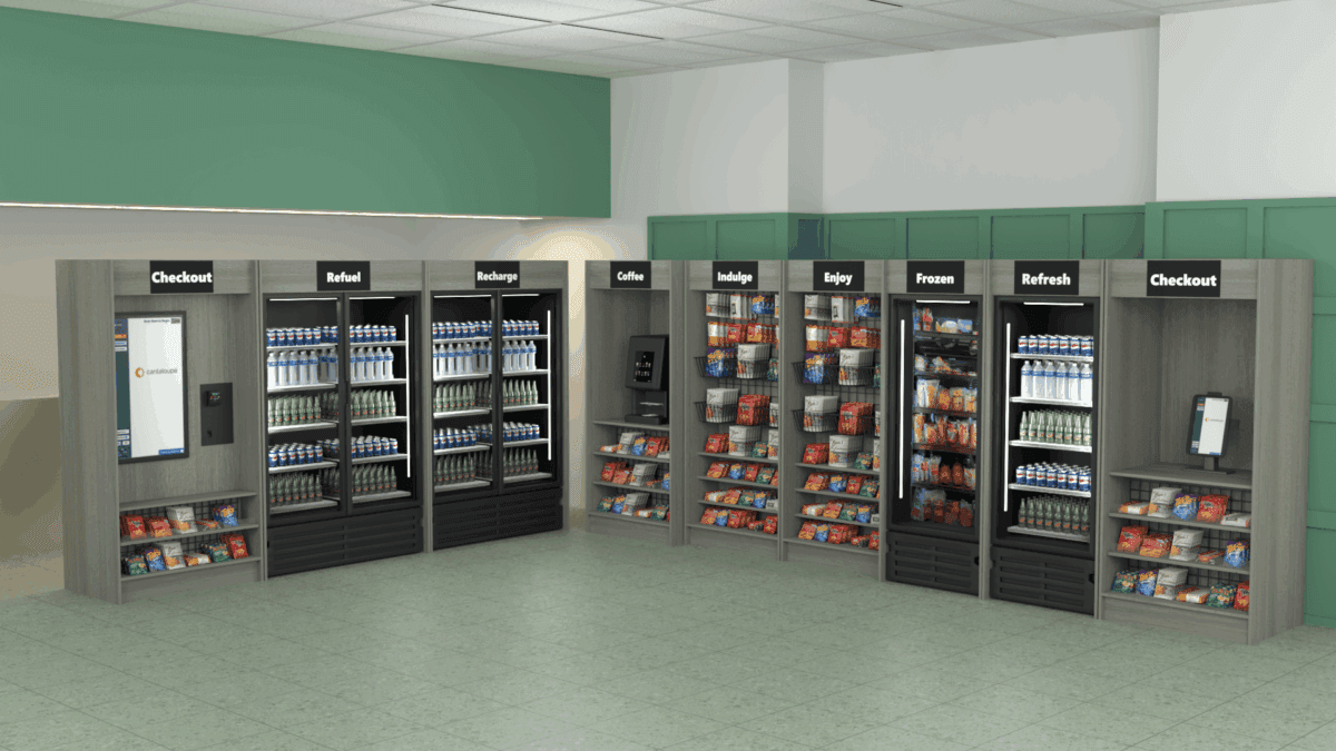 Rendering of a micro market layout with refrigerated cases, snack shelving, and a self-checkout kiosk